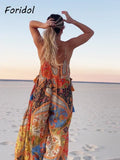 Znbbw Print Bohemian Wide Leg Long Pants Jumpsuit Women Summer New Overalls Spaghetti Strap Loose Casual Boho Jumpsuit Tassel