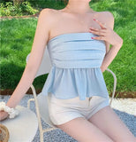 Znbbw Sweet Hot Tube Crop Tops Female Stretchy Back Chic Folds Cropped Strapless Camisole Sleeveless Short T shirts Girls