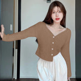 Znbbw Women's Sweater V-neck Temperament Short Style Solid Color Knitted Pearl Buckle Women's Top Sweater