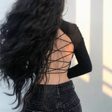 Znbbw Women Sexy Harajuku Open Back T-shirt Long Sleeve Tops Cropped Summer Top Black Clothes Vintage Hollow Tshirt Tee Streetwear