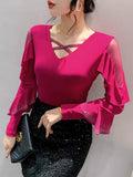 Znbbw Spring Summer T-shirts Women V-neck Ruffles Long Sleeve Solid Mesh Elastic Tops Tees Female Fashion Diamonds T Shirt