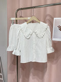 Znbbw Doll Collar Shirts Shorts Women 2 Piece Sets Loose Puff Sleeve Single Breasted Blouses Ruffles Short Pants 2024 Summer