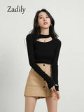 znbbw 2023 Winter New Bottoming Women Sweater Korea Style Slim Long Sleeve Hollow Out O Neck Strecth Ladies Knit Basic Pullover