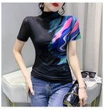 Znbbw Summer Women Half Turtleneck Short Sleeve T Shirts Lady Elastic Tops Tees Female Basic Fashion Printing Mesh T-Shirt