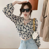 Znbbw Women's Floral Print Blouse V Neck Lace Exposed Navel Long Sleeves Chiffon Shirts Tops