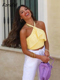 Znbbw Women Yellow Lace Halter Sexy Top Knitted Elastic Ruffles Hollow Out White Crop Top Summer Autumn Cotton Camis 2024