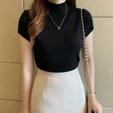 Znbbw Summer Half Turtleneck Slim Knitted T-shirt Women Elegant Solid Short Sleeve Casual Versatile Pullover Casual Skinny Tops