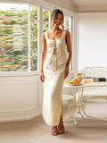 Znbbw Printed Bandage Women Dress Sets Retro Sleeveless Square Collar Strap Top Lady High Waist Slit Skirt 2024 Spring Summer