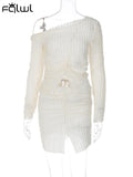 znbbw Summer Sexy 2 Two Pieces Set For Women 2023 Salsh Neck Long Sleeve Asymmetric Crop Tops And Side Slit Mini Skirt Sets