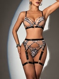 Znbbw Leopard Lingerie Sensual Underwear 3-Piece Sheer Lace Patchwotk Intimate Transparent Bra And Panty Set Fancy Outfits