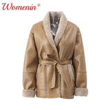 Znbbw Winter Leather Jacket Women 2024 New Female Vintage Lapel Faux Wool Belt Coat Thicken Warm Oversize Highstreet Outwear Top