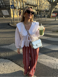Znbbw White Lapel Lace Up Women Short Shitrs Casual Loose Lantern Sleeve Pleated Blouse 2024 Spring Summer Chic Sweet Soft Top
