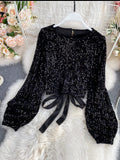 Znbbw WomenSpring Auttumn Blouse New All-match Sequins O-Neck Shirts Long-sleeved Open Back Lace-up Bow Short Tops Female Blusa GX1082