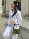 Znbbw White Lapel Lace Up Women Short Shitrs Casual Loose Lantern Sleeve Pleated Blouse 2024 Spring Summer Chic Sweet Soft Top