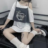 Znbbw Sweet Y2k Clothes Skew Collar Half Sleeve Fake Two Piece T Shirts Off Shoulder Letter Print Summer Harajuku Women Tops