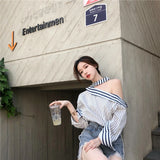 Znbbw Striped Shirts Women Streetwear Sexy Off Shoulder Blouses Korean Fashion Hollow Out Halter Long Sleeve Casual Tops New