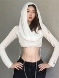 znbbw Spring Sexy Solid Pullover Hoodies Club Outfit For Women 2023 Long Sleeve Hooded Crop Top Female Black Knit Hoodies