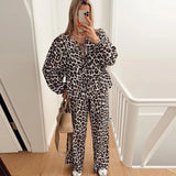 Znbbw Print Women's 2-piece Pants Set Lace Up Lantern Sleeve O-neck Top Loose High Waist Pant 2024 Spring Lady Casual Outfits