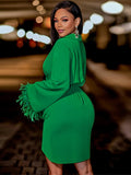Znbbw Long Sleeve Feather Tassels Dress Women V-neck Irregular Slim Mini Dresses 2023 Fashion Elegant Office Lady Clothes