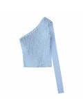 Znbbw Women Asymmetrical Knitted Crop Sweater Tops Female Sexy One Shoulder Sweater Chic Ladies Pullover