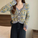 Znbbw floral short knitted cardigan women autumn 2024 sweater jacket design sense long sleeve v neck cardigan sweater female