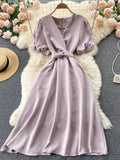 Znbbw Summer Was Thin Fashion Vestidos Female V-neck Twisted Bandage Waist French Puff Sleeve Midi Dress DK1048