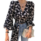 Znbbw Women's Floral Print Blouse V Neck Lace Exposed Navel Long Sleeves Chiffon Shirts Tops