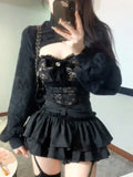 Znbbw Sexy 3 Piece Set Women Fashion Lace Design New Y2K Suit Female Long Sleeve Coat + Black Strapless +pleated Skirt Spring