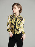 Znbbw Autumn Women's Blouse Tops New Bohemian Retro Turn-down collar Office Lady Trend Printing European American Shirt UK766