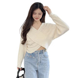 Znbbw Women's long sleeves Knitted Crossover design V-neck Women's sweater