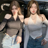 Znbbw Women's Solid Color Off The Shoulder Crop Top Slim Fit Sexy Base Shirt Long Sleeve Sexy Casual T Shirt