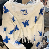 Znbbw Korean Fashion Graphic Butterfly Knitted Sweater Woman Sweet sized Cropped Tops Off Shoulder Y2K Casual Sweater