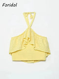 Znbbw Women Yellow Lace Halter Sexy Top Knitted Elastic Ruffles Hollow Out White Crop Top Summer Autumn Cotton Camis 2024