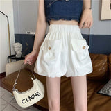 Znbbw Oversized Loose Bloomer Shorts Women Summer High Waist Korean Pocket Shorts Femme Solid Elastic Buttons Casual Bloomers