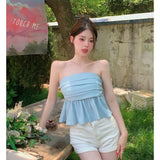 Znbbw Sweet Hot Tube Crop Tops Female Stretchy Back Chic Folds Cropped Strapless Camisole Sleeveless Short T shirts Girls