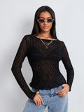 Znbbw Women's See-Through Lace Sheer Tops 2024 Fall New Chic Long Sleeve Round Neck Slim Fit T-Shirts Going Out Tops for Party