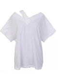 Znbbw V-Neck Sling Short-Sleeved T-Shirt Women's New Korean Splice Sexy Fashion Wild White Large Size Tees Female Tops WA503