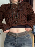 Znbbw Women Autumn Fashion Cropped Knitted Tops Solid Color Cutout Round Neck Long Sleeve Shirts Spring Exposed Navel Streetwear