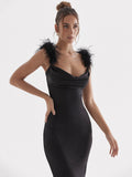 Znbbw Feather Spaghetti Strap Sexy Maxi Dress Women Summer New Black Sleeveless Backless Bodycon Party Long Dress Vestidos