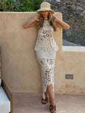 Znbbw O Neck Hollow Out Skirt Set Women Chic Hook Flower Sleeveless Top Irregular Skirt Suit 2024 Spring Lady Elegant Outfit