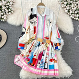 Znbbw Women Fashion Luxury Print Shirt Top + Pleated Mini Skirt New 2023 Spring Autumn Vintage Long Sleeve Buttons Party 2 Piece Sets