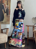 Znbbw Aesthetics Skirts for Women Cartoon Print High Waist Long Skirt Spring Summer Fashion Cute All Match Vintage Clothing