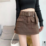 Znbbw High Waist Cargo Skirts Women Fashion Korean Chic with Belt Short Culotte Skirts Female Pocket Streetwear Jean Mini Skirts