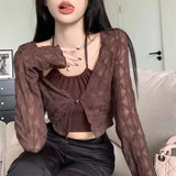Znbbw Thin Sun Protection Cardigan Women Korean Loose V-neck Lace Crop Tops Y2K Ladies Fashion Argyle All-match Cardigan New