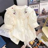 Znbbw Women Shirt Peter Pan Collar Floral Embroidery Hollow Out Ruffles Blouses French Casual Fashion Sweet Short Puff Sleeve Tops