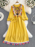 Znbbw Ethnic Style New Embroidery Dress Tassel Lace Cotton and Linen Vestidos Female V-neck Puff Sleeve Midi Dress GK857