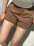 Znbbw Women Brown Waffle Drawstring Sports Shorts Summer Retro Solid Elastic High Waist Loose Shorts Fashion Casual Cotton Short Pants