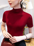 Znbbw Women Half Turtleneck Base Simple TShirts Slim Soft Short Sleeve T Shirts Lady Mesh Elegant Stretchy Tops Tees Female