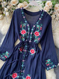 Znbbw Women's Dress Travel Photography Holiday Long Dress New Retro Ethnic Style Embroidered V-neck Lantern Sleeve Dress ML1034