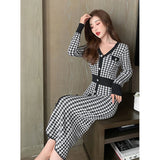 Znbbw Plaid Knitted Midi Dress Women Bird Lattice Sweater A Line Dresses Korean Elegant V Neck Patchwork Bodycon Vestidos New